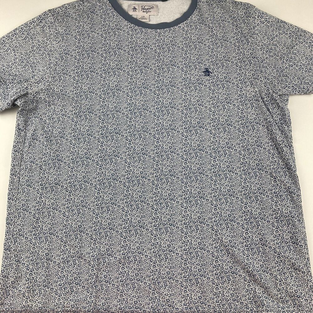 Original Penguin Men L Blue Floral Print T Shirt Munsingwear Embroidered Logo